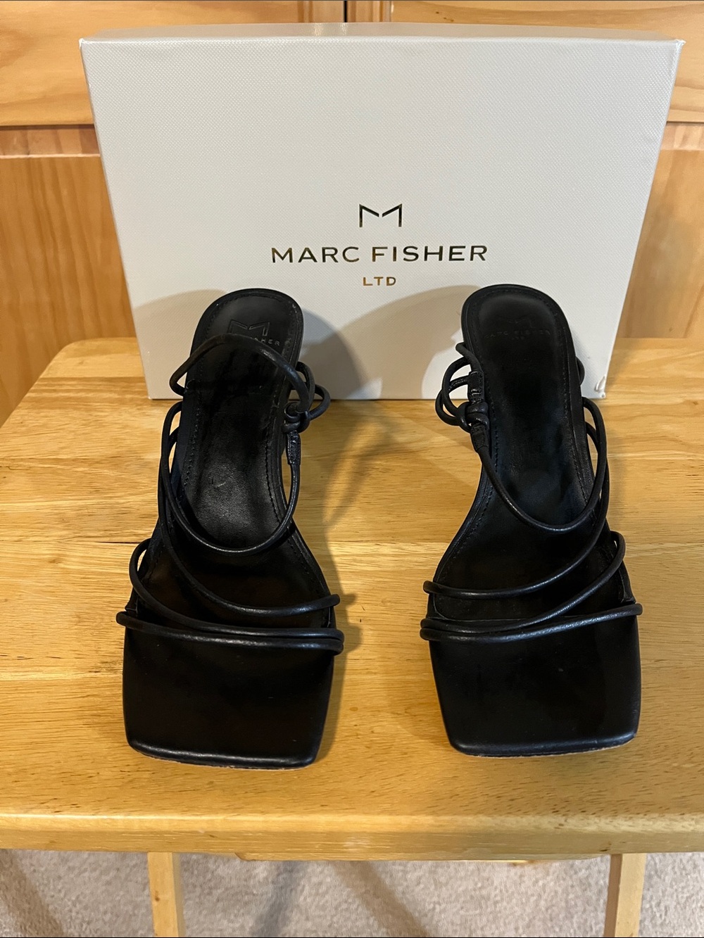 Marc Fisher Black Strappy Square-Toe Heeled Sandals